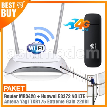 Paket Antena Modem Router Wifi Hotspot TP LINK MR3420 &amp; Huawei E3372 4G LTE  &amp;Antena Yagi Grid TXR175 | Shopee Indonesia