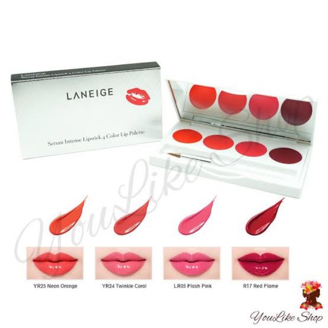 The palette comes handy in 9 x 5 cm solid white sturdy plastic pan (with full size mirror inside) enclosed in an embossed metallic outer box. Laneige Serum Intense Lipstick 4 Color Lip Palette Shopee Thailand