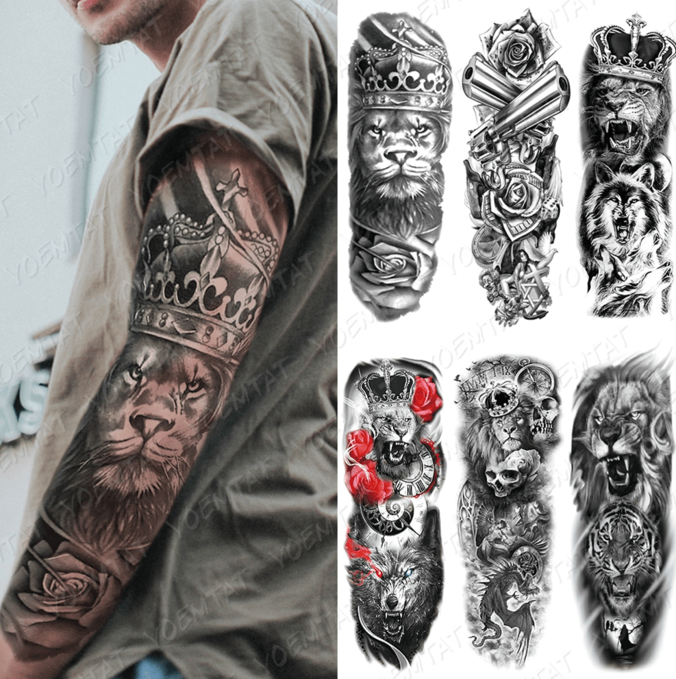 Preço E Boa Qualidade Grande Tatuagem Manga Braço Coroa Rei Leão Rosa À Prova D'água Temporárias Tatoo Adesivo Lobo Selvagem Tiger Men Completa Crânio Totem Tatto | Shopee Brasil 991_x_987_jpg