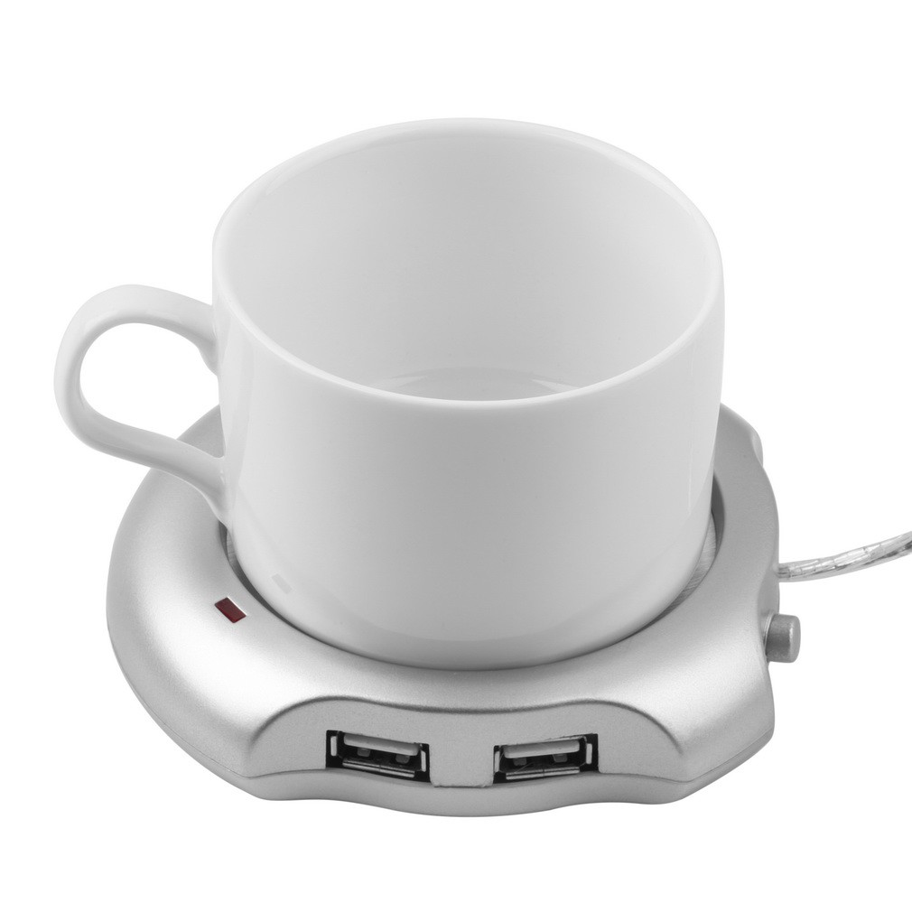 Prata 4 Portas Hub USB + Chá Café Bebida Copo Aquecedor