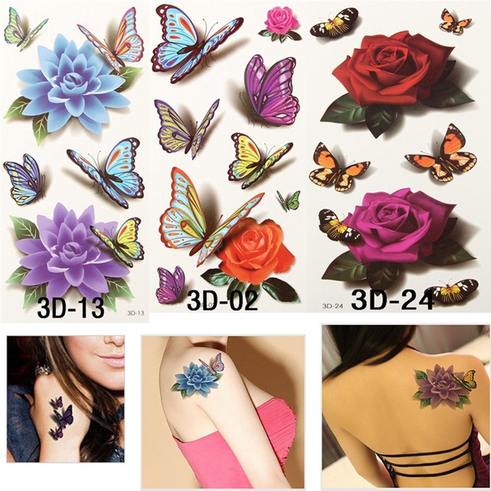 Elegant flowers and butterfly tattoo: Salees Beautiful Rose Flower Stickers Lifelike Design Body Tattoos Temporary Tattoo Handmade Diy Waterproof Colorful Women S Charming 3pcs Chest Tattoo Butterfly Shape Decals Multicolor Shopee Mexico