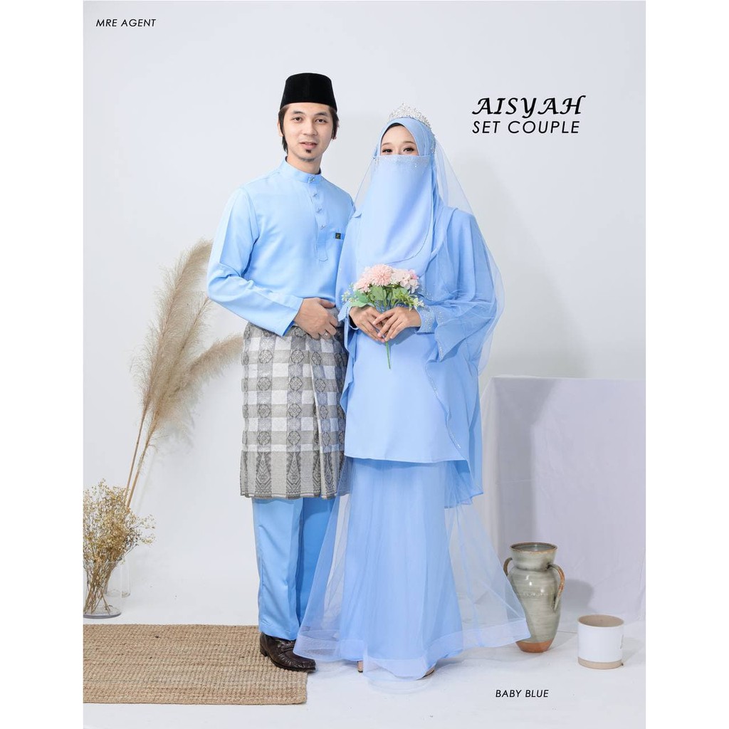 Walking into wanzar, you're greeted by the smiling . Set Couple Nikah Tunang Kurung Aisyah Kain Lace Dan Baju Melayu Baby Blue Bersama Veil Dan Purdah Shopee Malaysia