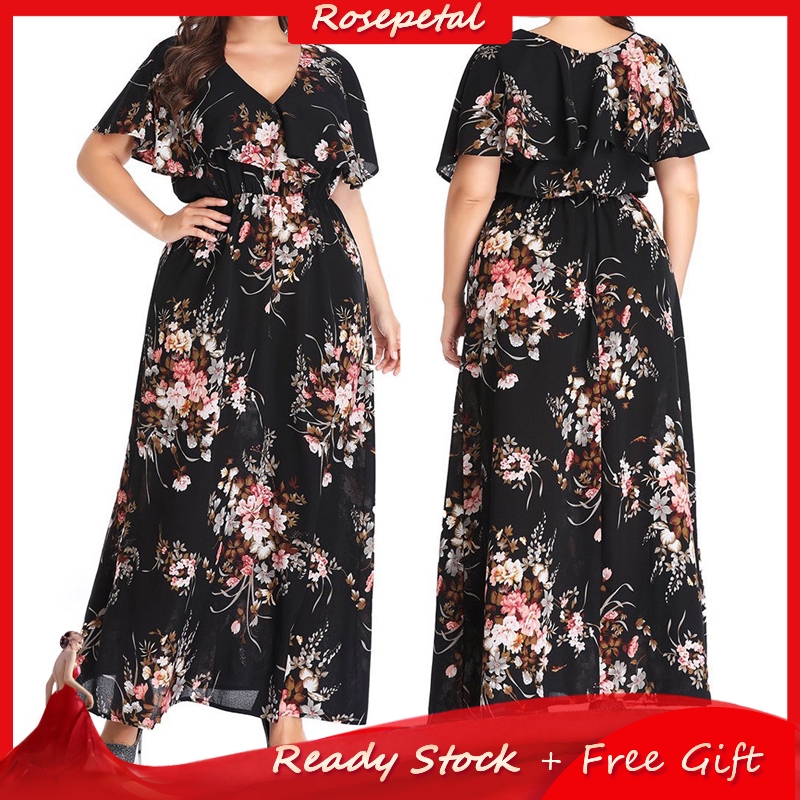 Ava & viv plus coral floral sleeveless belted maxi dress size x return. Women S Maxi Dress Floral Printed Short Sleeve V Neck Casual Plus Size Dress Shopee Philippines