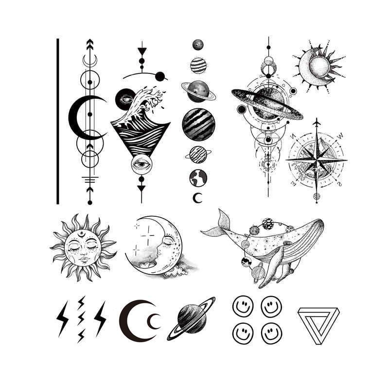 ✑✜❍Taoshan Tattoo Sun Moon Stars Ins Simple Dark Clavicle Black And White Pattern Sun Moon Waterproof Tattoo Sticker | Shopee Singapore 800_x_800_jpg