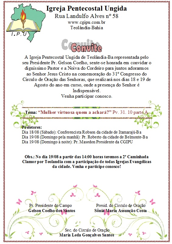 Convide toda a comunidade para eventos, missas ou cultos dominicais usando templates de convites criados por profissionais que . CONVITE dos 31 anos do CÃ­rculo de oraÃ§Ã£o da IPU de
