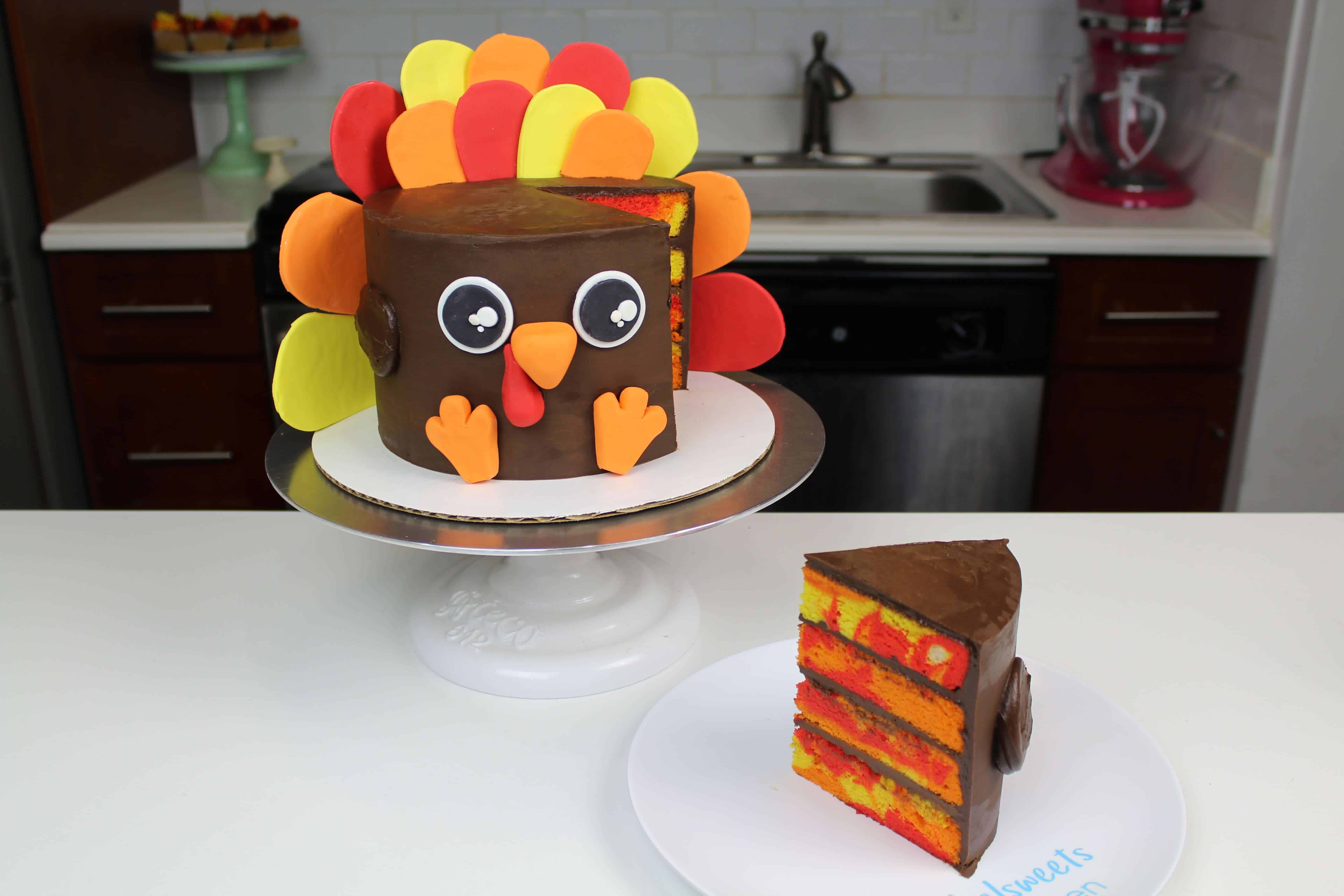 The prettiest turkey at the table · mix the batter · fill the cake pan · bake and level · save the scraps · cut and layer · return to the scraps · form the turkey's . Turkey Cake Pumpkin Cake Layers Frosted With Chocolate Ganache