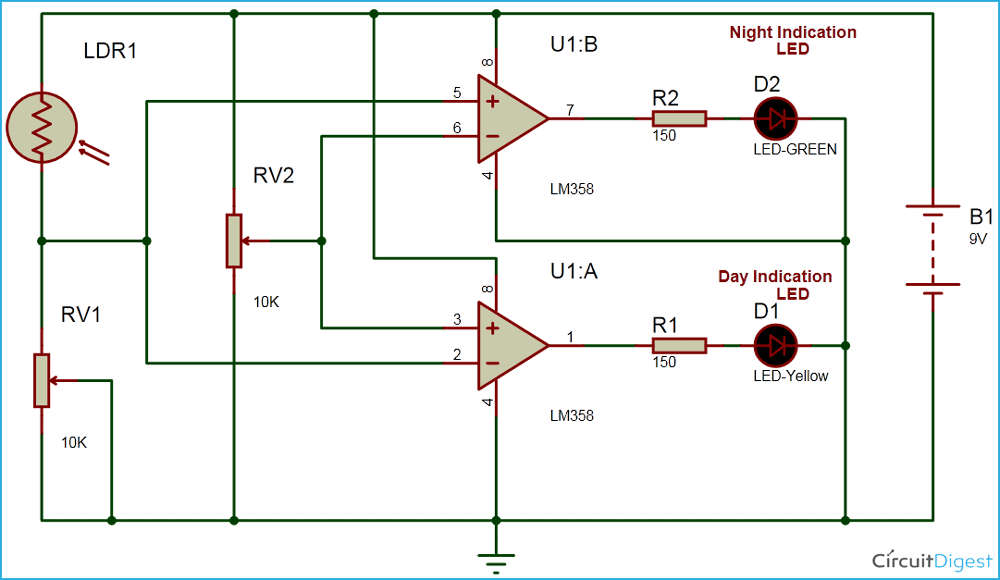Dari 6 keluaran output ic 74148 akan masuk ke ic 7408, dimana ic ini adalah ic aktif low, sehingga perlu di invers dengan ic 7404. Dark And Light Indicator Circuit Using Op Amp Ic Lm358
