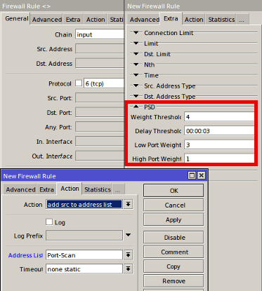 Pada point ini, kita akan melakukan filtering berdasarakan port dan juga . Mikrotik Id Port Scan Detection Psd