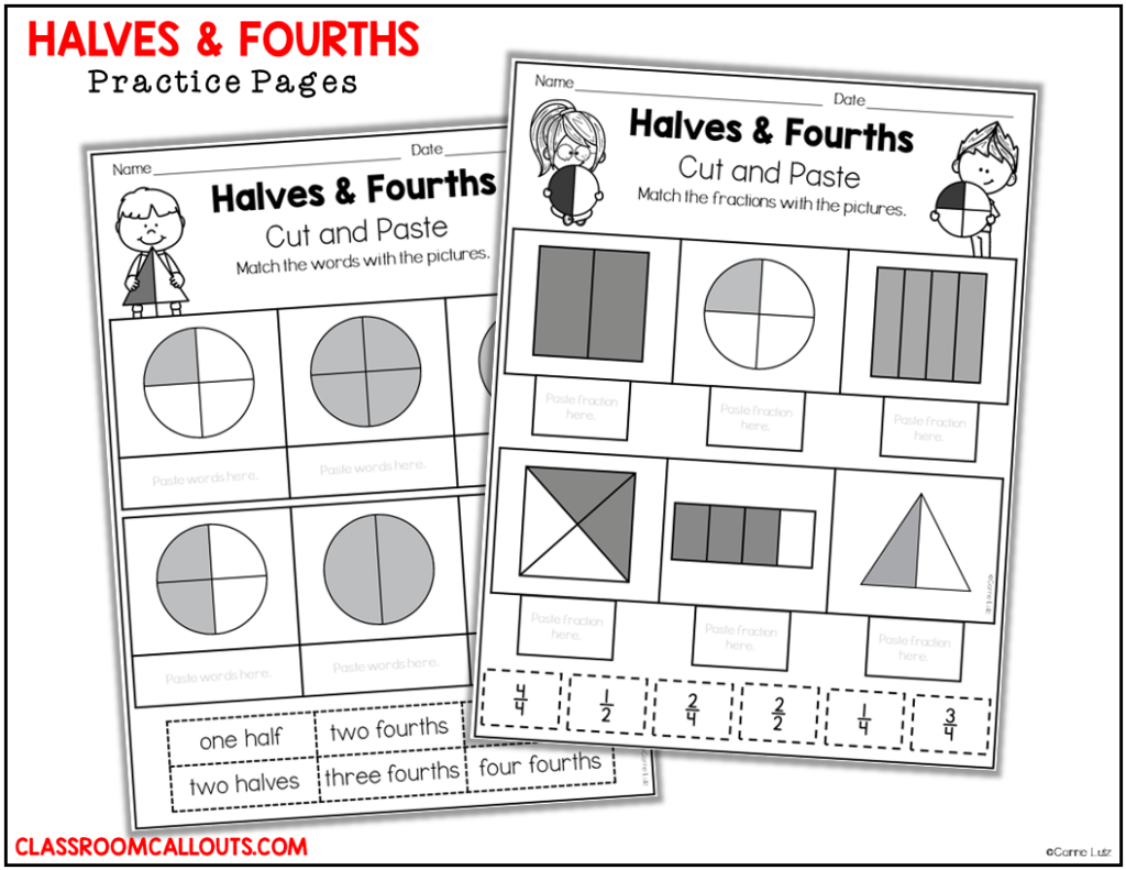 Determine whether a figure is partitioned into halves or quarters; First Grade Fractions Classroom Callouts