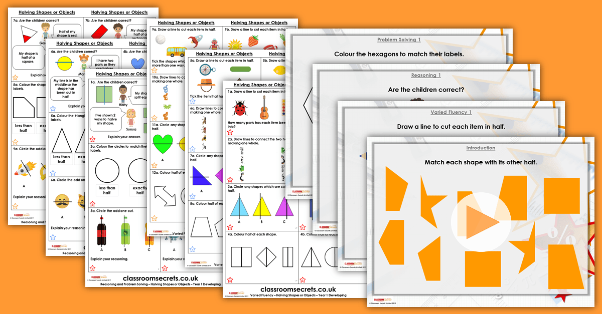 halving shapes or objects year 1 fractions free resource pack classroom secrets