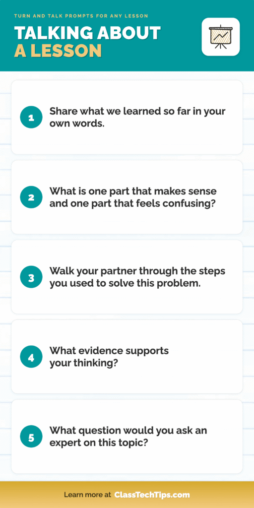 Talking About a Lesson: Teal infographic with five turn and talk prompts for talking about a lesson, like explaining ideas in your own words and sharing evidence