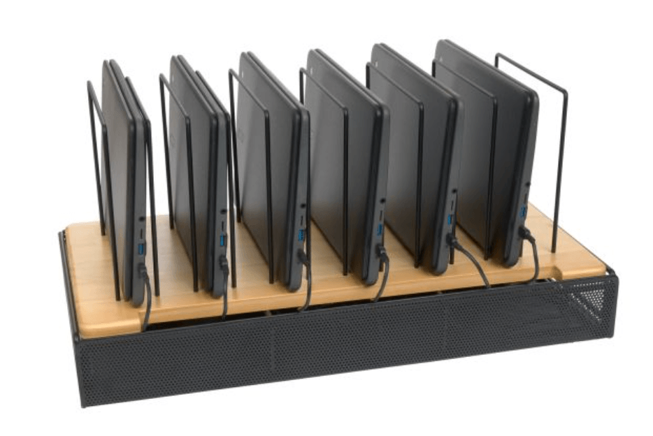 Really Good Stuff Tablet Storage and Charging Station with six devices charging in wire slots, a designated spot for classroom organization for technology