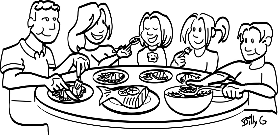 Flat vector illustration father, mother, daughter & son kids having home family dinner or lunch sit at table. Family Eating Together Clipart Black And White Clip Art Library