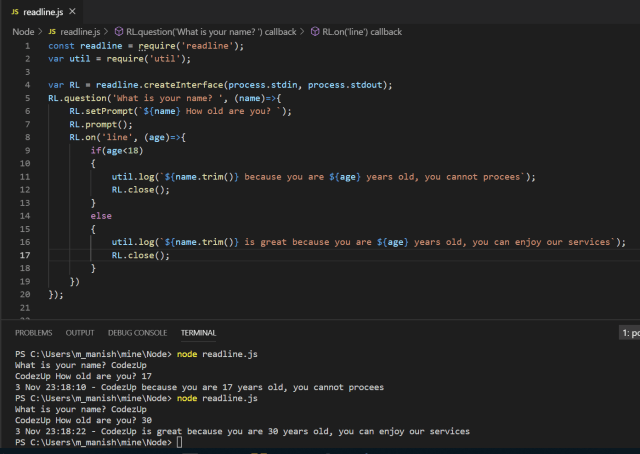 Node js Readline Module Example - Node.js Tutorial | Codez Up