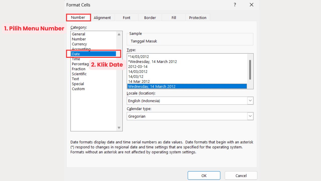 Tekan Shortcut Ctrl+1 lalu Pilih Menu Number