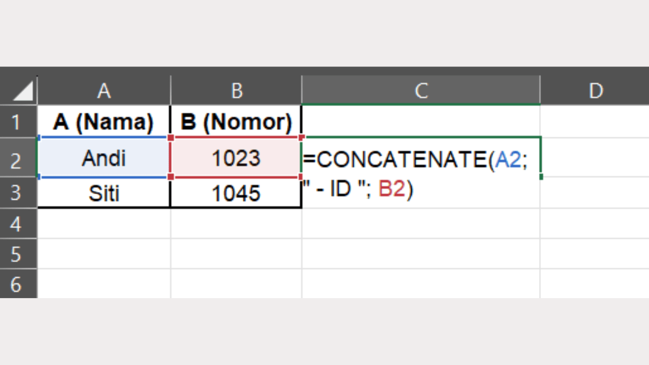 Ketik Rumus =CONCATENATE(A2;" - ID ";B2)
