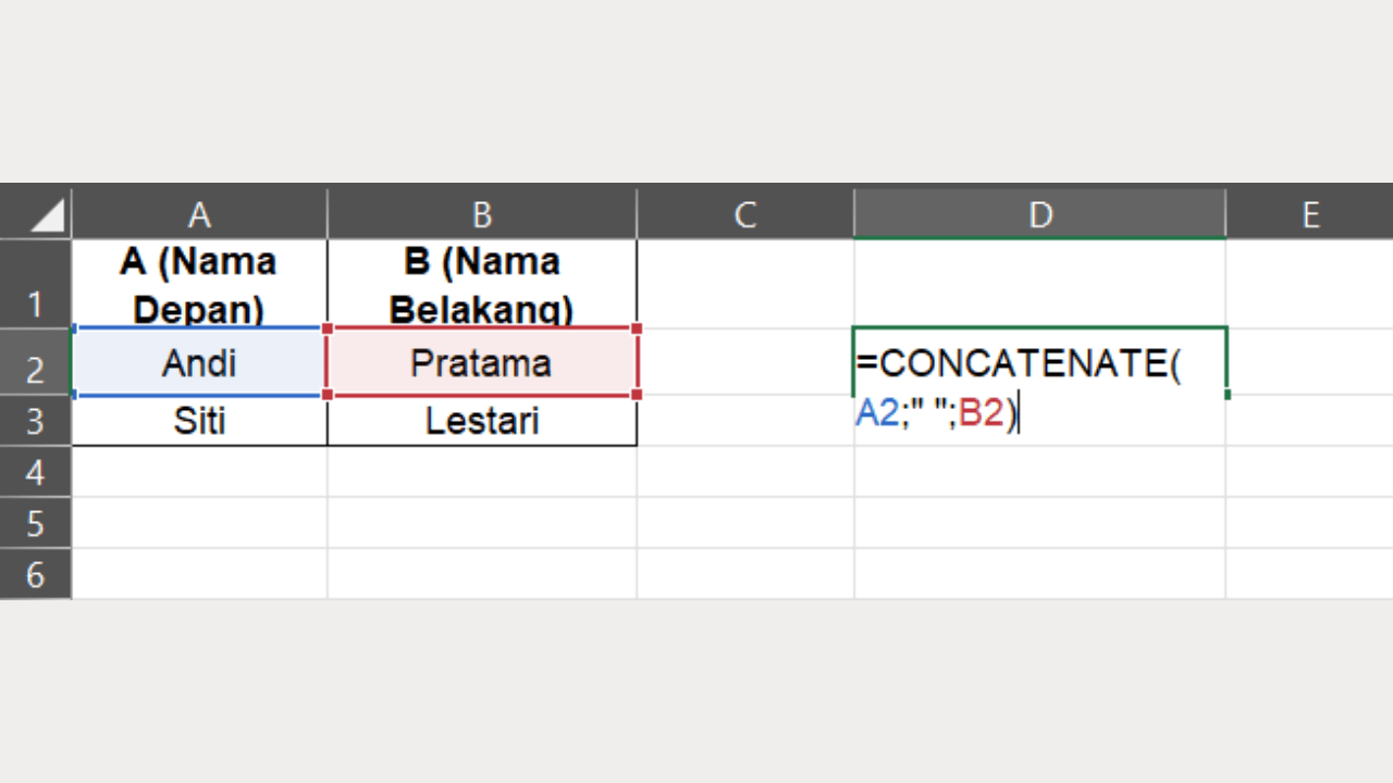 Ketik Rumus =CONCATENATE(A2;" ";B2)