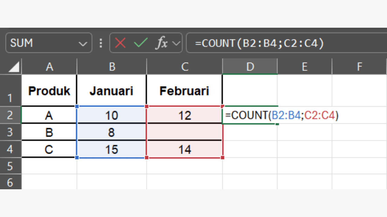 Ketik Rumus =COUNT(B2:B4;C2:C4)