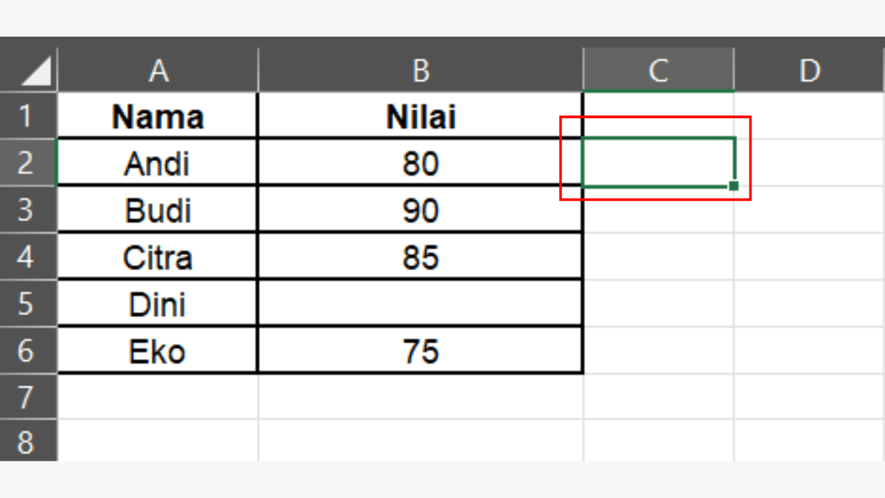 Klik Cell C2 Sebagai Tempat Hasil Count