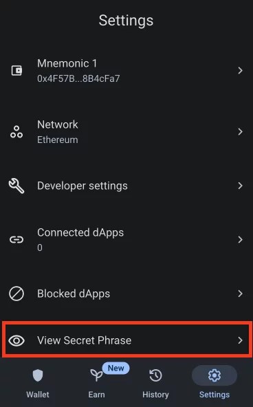 Step 2. Select the "View Secret Phrase" Option in the Menu