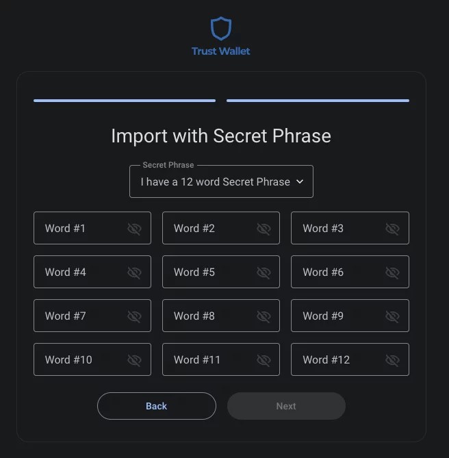 Step 2.2. Import with Secret Phrase