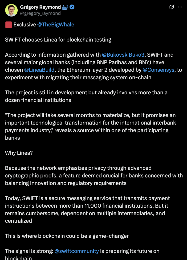 swift linea blockchain testing post on X.