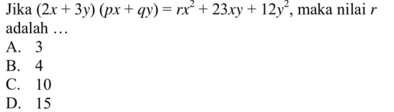 Jika (2x + 3y) (px qy) = rx^2 + 23xy + + 12y^2, maka nila&hellip;