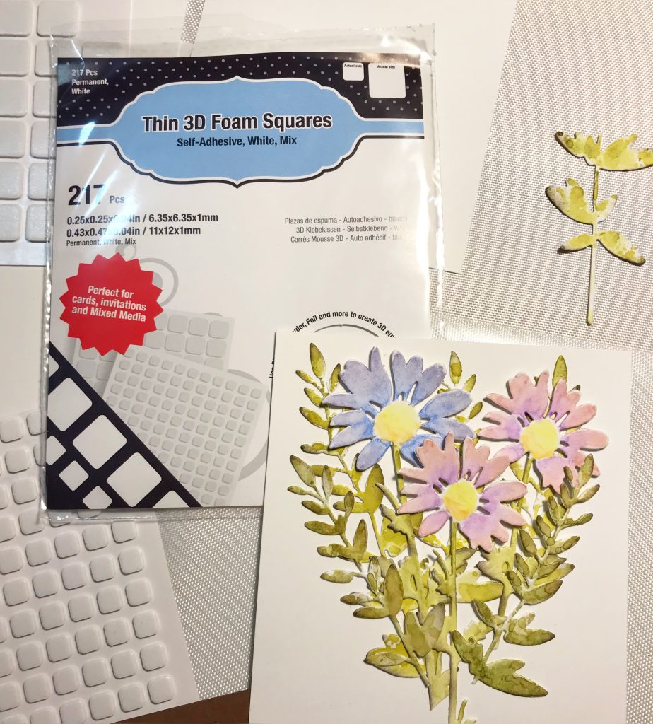 Photo of the Thin Foam Squares used to give the floral elements dimension for today’s Spring Flower Bouquet Card With Free SVG File post.  