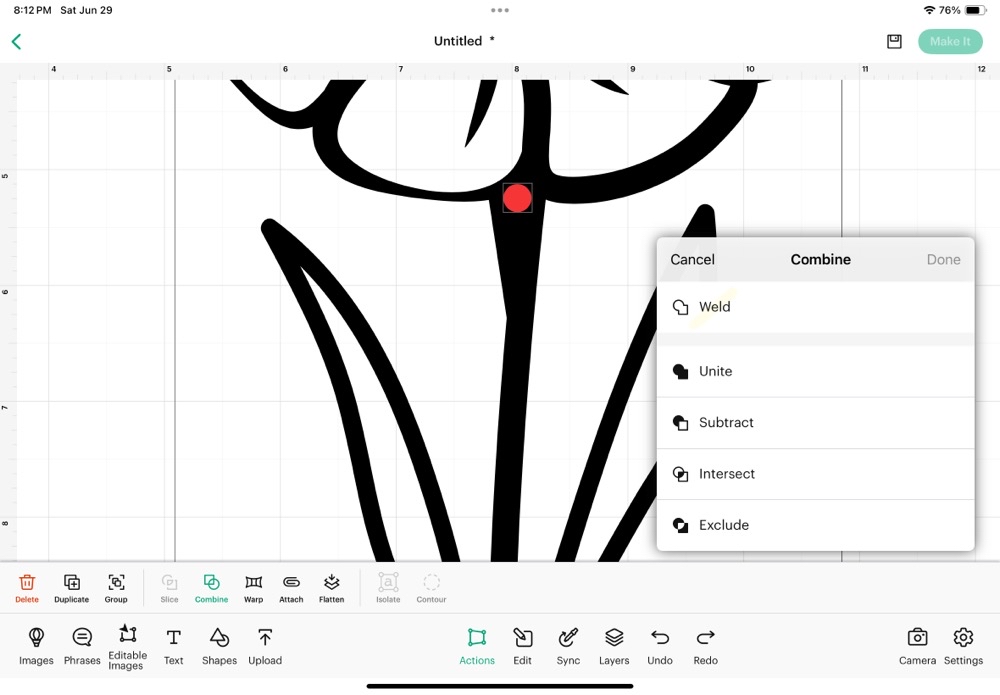 Screenshot showing the combine feature options in Cricut Design Space.