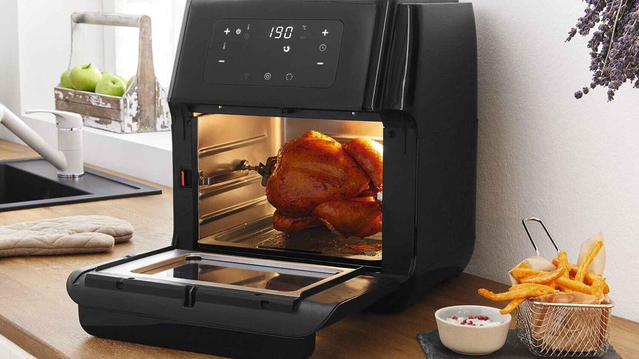 Freidora sin Aceite, Freidora de Aire 12 Litros, Horno de Aire Caliente 18  en 1, Air Fryer Multifuncional con Pantalla LED Táctil, 10 Accesorios y 30  Recetas, 1500W – PREYCA