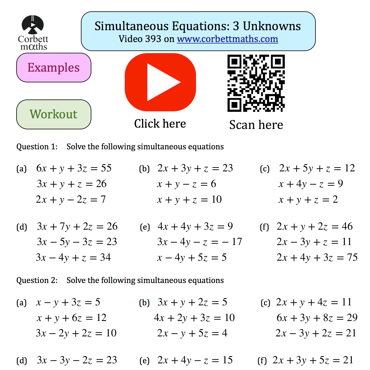 Three Unknowns Textbook Exercise Corbettmaths
