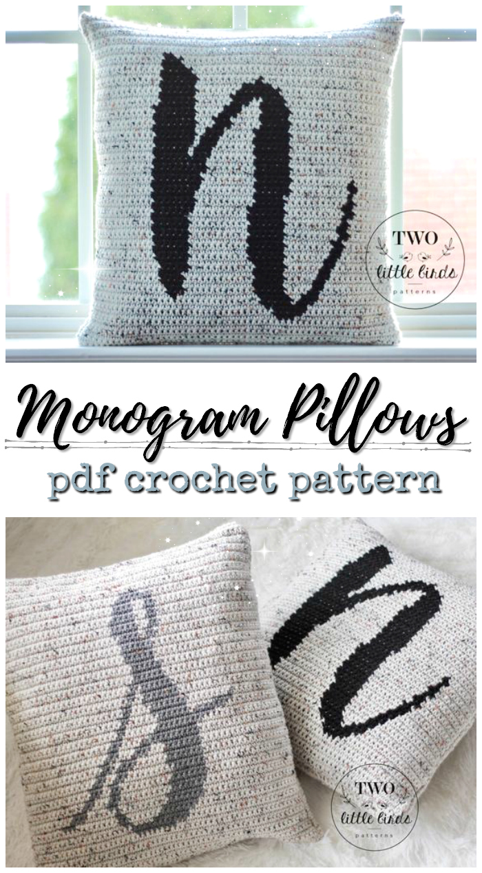 Lovely monogram pillow crochet patterns from Two Little Bird Patterns. Love these sweet patterns! Perfect handmade gift idea for newlyweds, wedding gifts, or baby gifts, baby showers. lovely handmade nursery decor #crochet #pattern #nursery #wedding #gifts #crafts #yarn #craftevangelist #pillow #cushion #monogram #personalized #handmadegiftideas #handmadegift #giftideas 