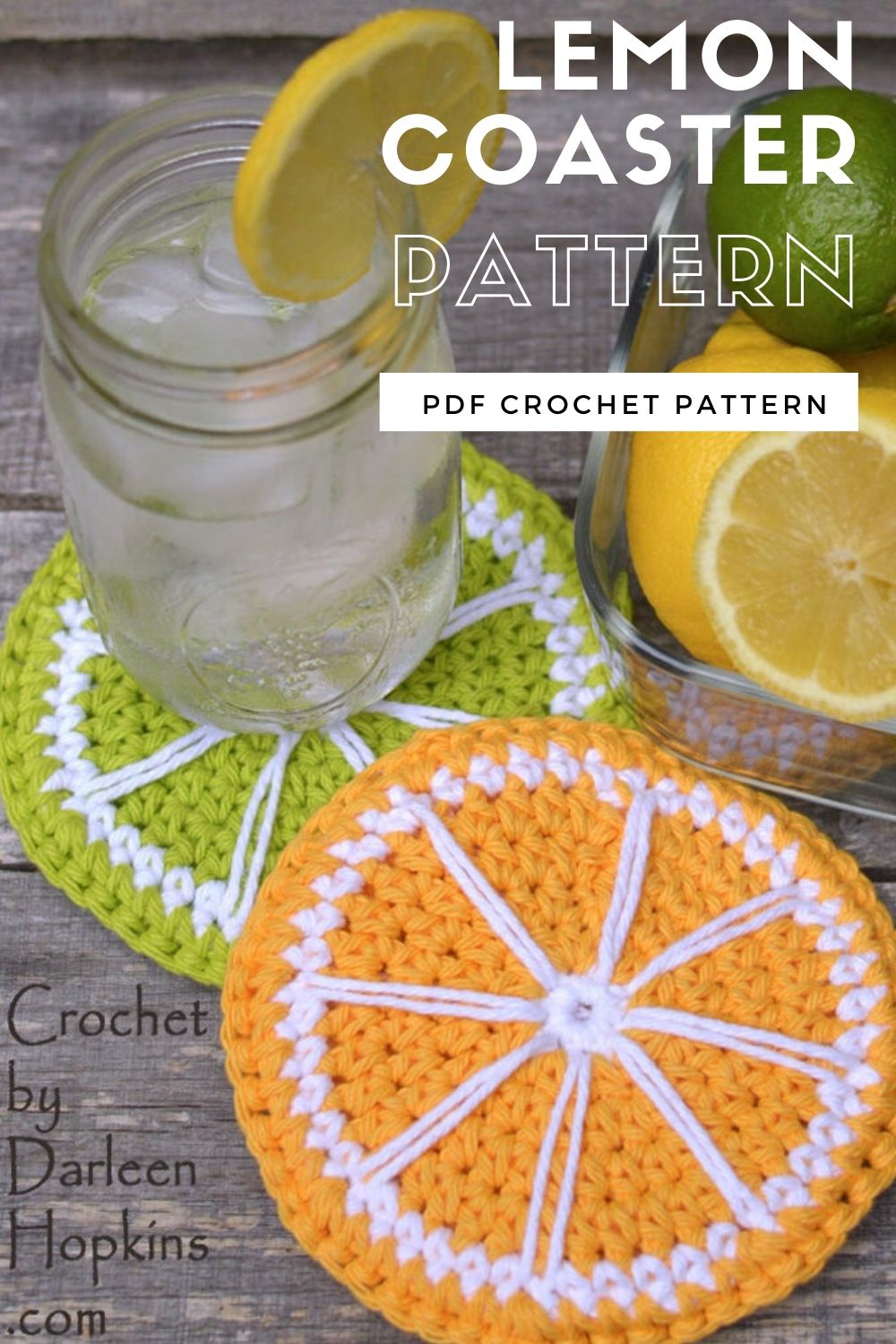 Crochet pattern for lemon slice coaster and lime slice coaster. Fun citrus inspired crochet pattern for your kitchen. Perfect to keep your lemonade from sweating onto your coffee table! #crochetpattern #crochetcoaster #lemoncoasterpattern #craftevangelist