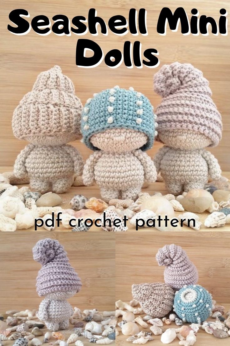 1 Cute Crochet Pattern to make 3 whimsical seashell dudes. Such a fun little amigurumi pattern to make for an imaginative child! #crochetpattern #amigurumipattern #yarn #crafts #seashelldoll #craftevangelist