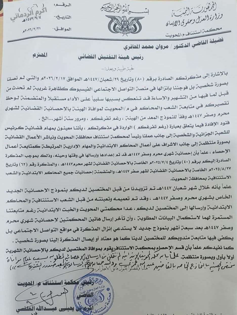 وثيقة تكشف صراعاً قضائياً في المحويت.. رئيس محكمة الاستئناف يهاجم هيئة التفتيش بعد فضيحة فيسبوك