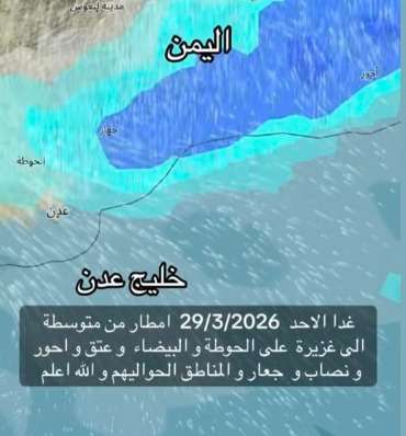 تحذير من أمطار غزيرة على لحج وأبين وشبوة
