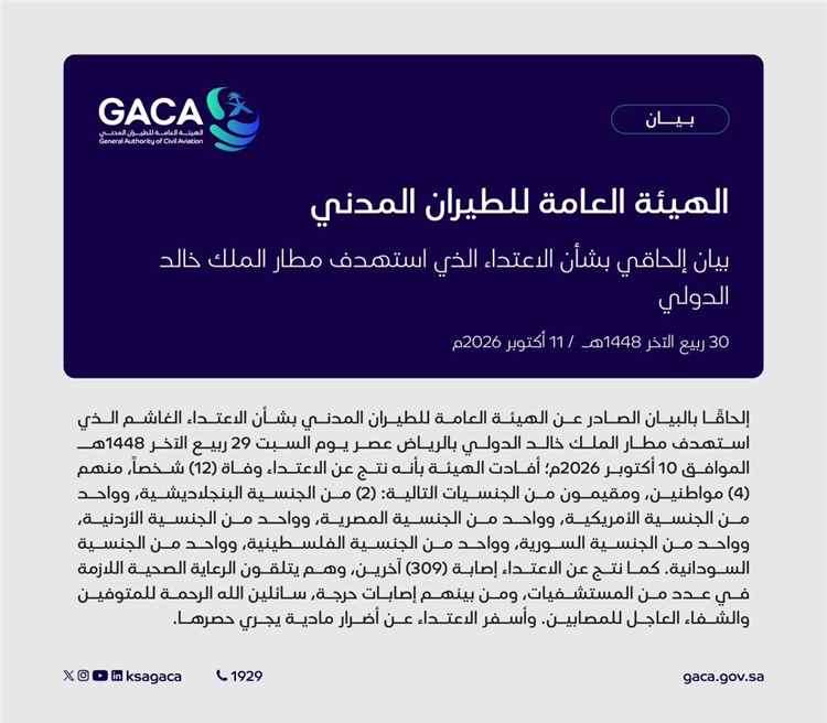 عاجل .. هيئة الطيران المدني السعودي: 12 وفية و309 إصابات جراء الاعتداء الذي استهدف مطار الملك خالد الدولي بالرياض