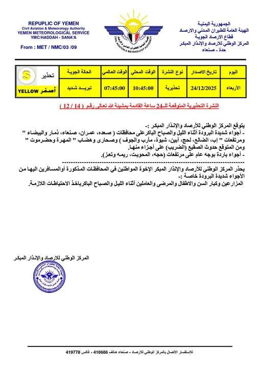 عاجل: الأرصاد يحذر من تشكّل الصقيع ويدعو لأخذ الحيطة