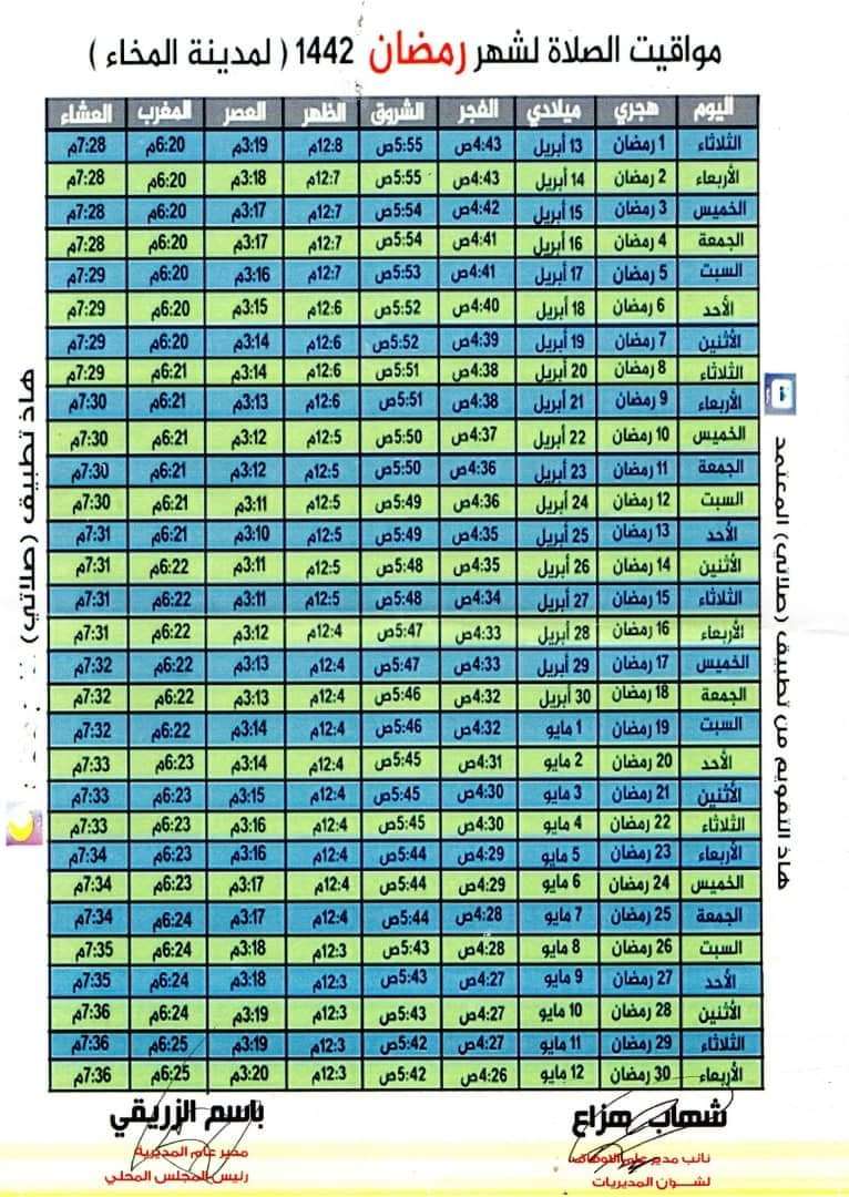 مكتب الأوقاف بالمخا يقر جدول رسمياً لأوقات الأذان بالمحافظة