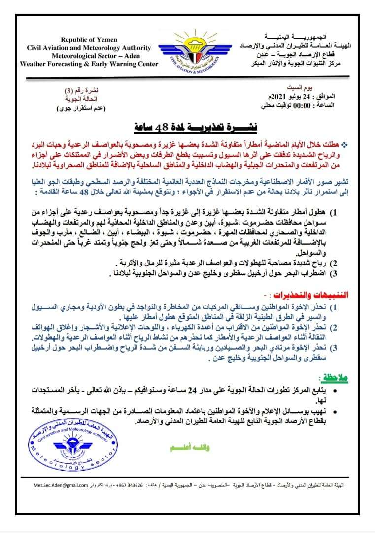 تحذيرات من عاصفة رعدية ستضرب عدن بهذا الوقت