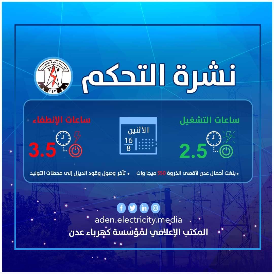 عاجل: كهرباء عدن تعلن تخفيض ساعات تشغيل التيار الكهربائي وتكشف السبب! عاجل: كهرباء عدن تعلن تخفيض ساعات تشغيل التيار الكهربائي وتكشف السبب!