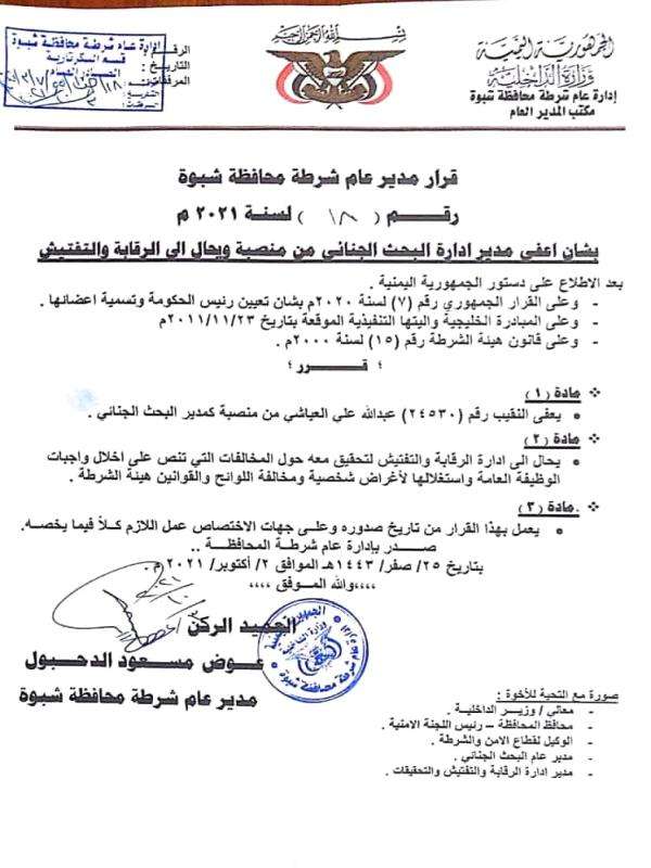 اقالة مسؤول امني واحالته للتحقيق اقالة مسؤول امني واحالته للتحقيق