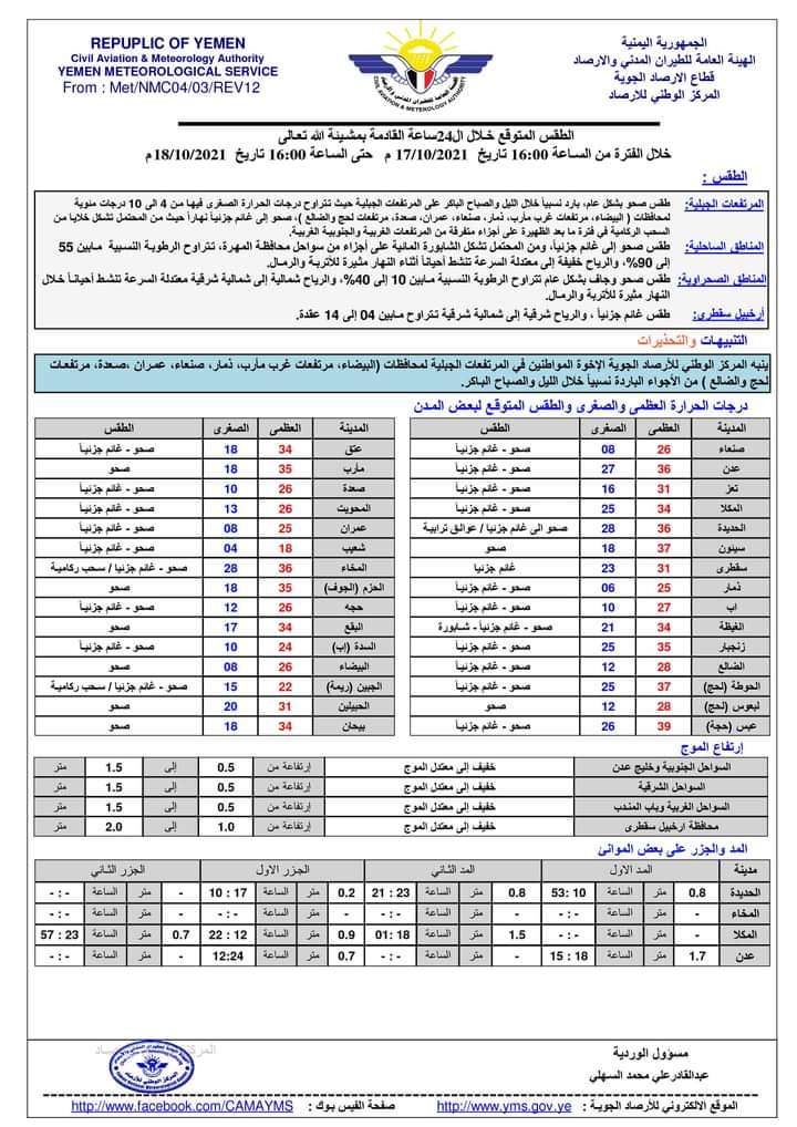 تعرف على الطقس المتوقع خلال ال 24ساعة القادمة في المحافظات اليمنية تعرف على الطقس المتوقع خلال ال 24ساعة القادمة في المحافظات اليمنية