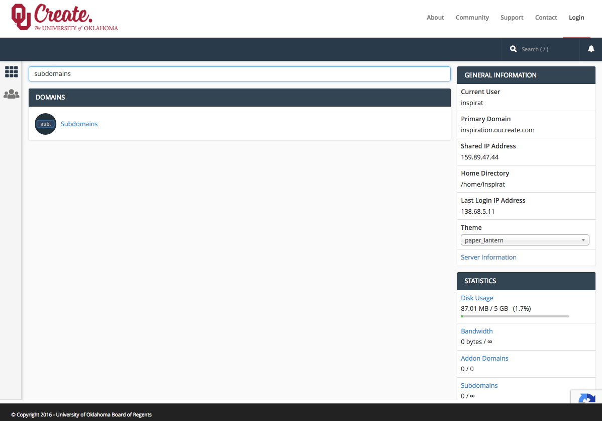 Screenshot of the OU Create cPanel with the search bar being used to filter for tools related to subdomain configuration.