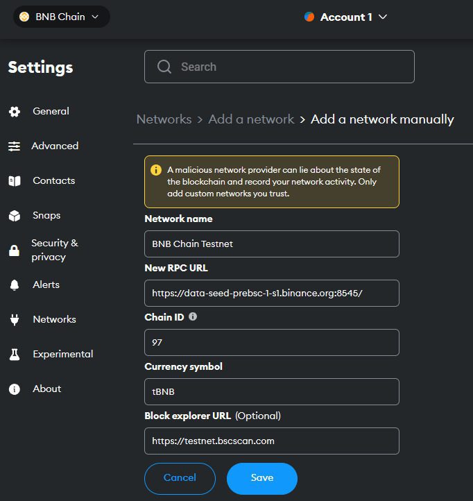 Connexion MetaMask en version Testnet.