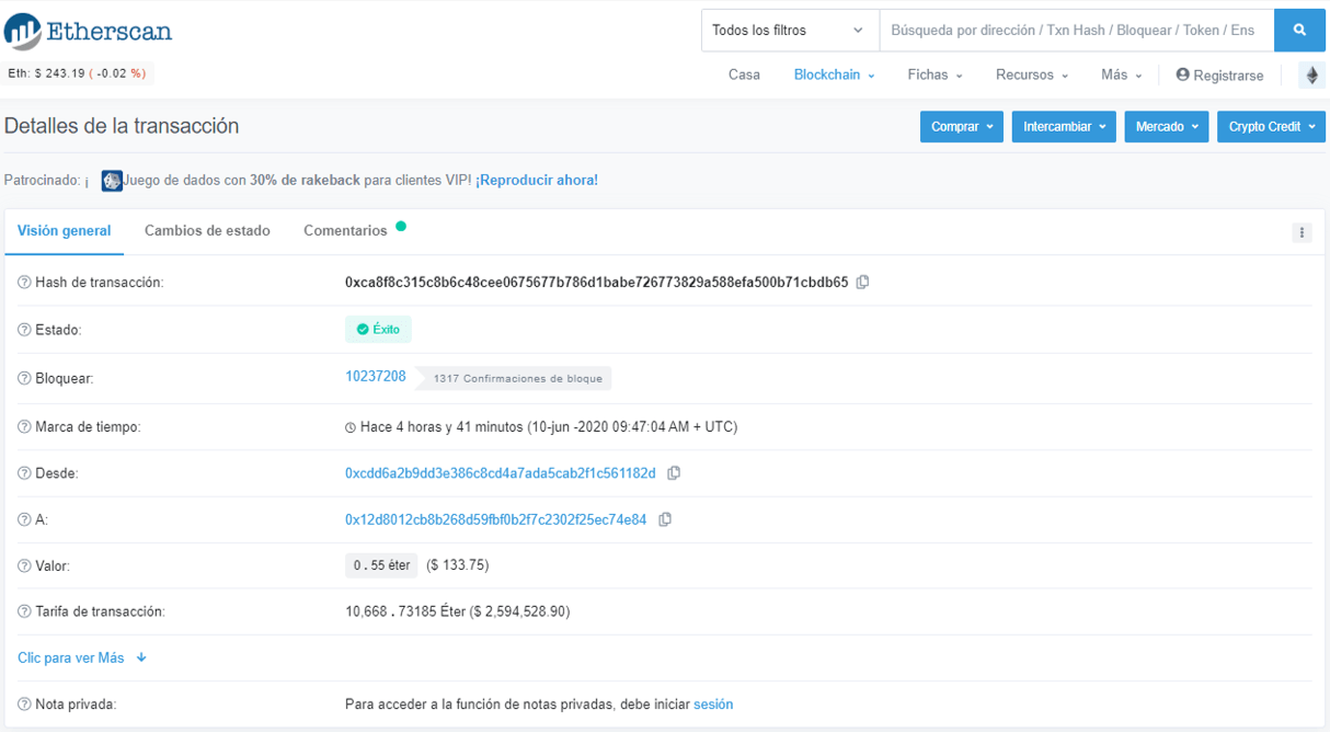 Detalles de la transacción donde la Ballena de Ethereum (ETH) perdió $2.6 millones en fees. Imagen de Etherscan
