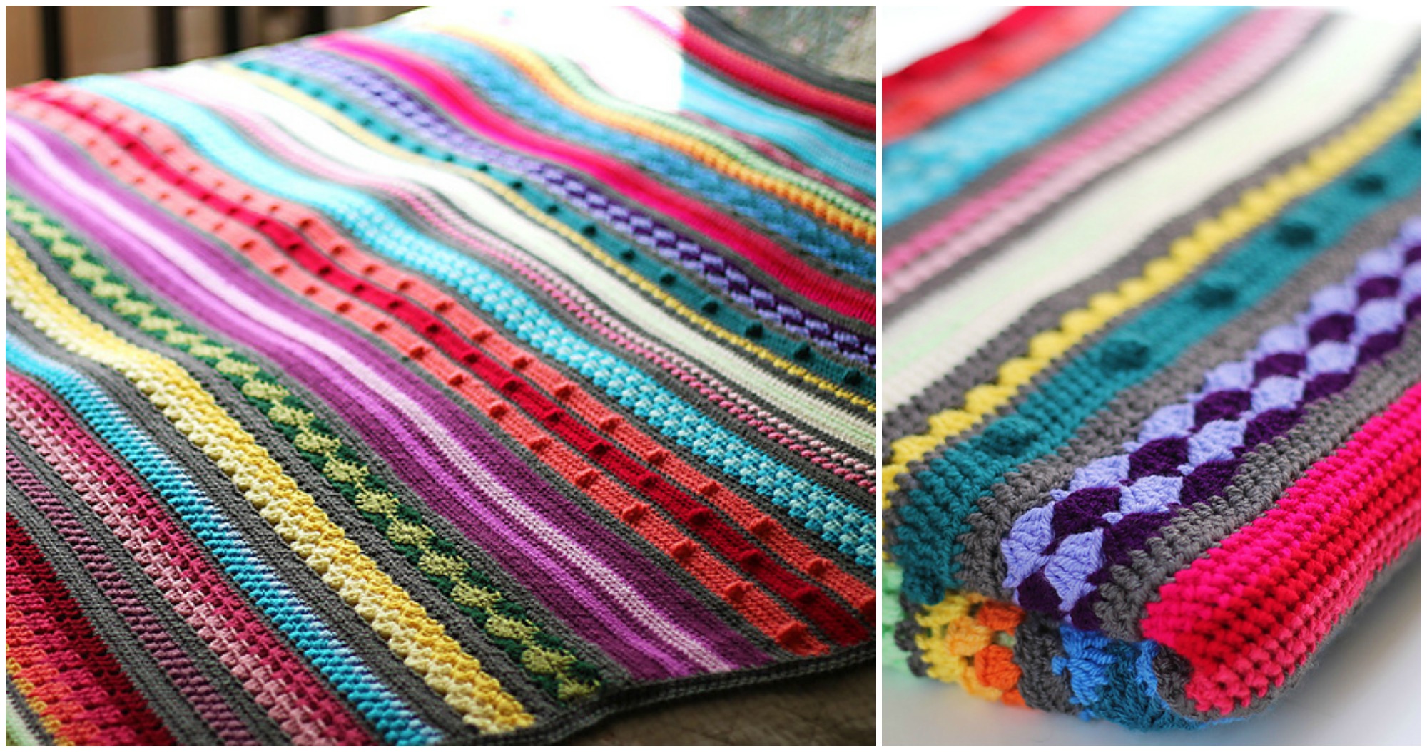 As the designer puts it, three colors, ten stitches, twenty squares: Crochet Rainbow Sampler Blanket