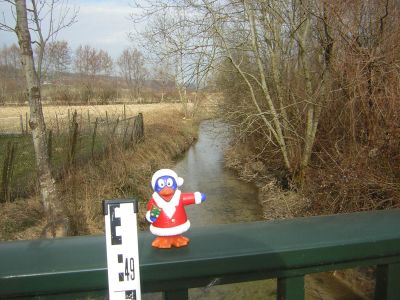Pingui la mascotte depuis toujours sur le garde-fou d'un pont au dessus de la Bourbre