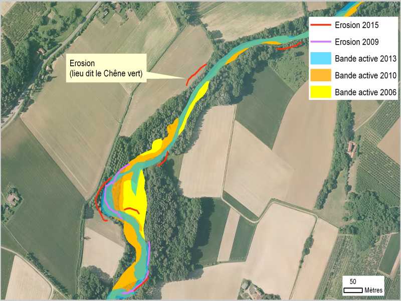 HERBASSE - Suivi post-crue : cartographie de la comparaison des bandes actives entre 2008 et 2013