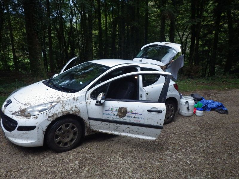 Notre Peugeot 207 qui s'est embourbée sur un chemin de terre